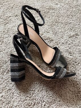 ALDO Black Patent Ankle-Strap Block Heels with Crystal Accent